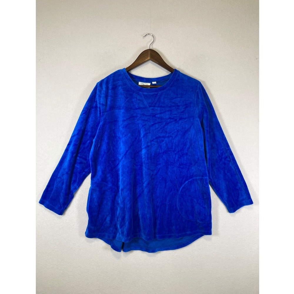 Cozy Core Denim & Co Active Women LP Blue Velour Pocket‎ Sweatshirt High Low Hem